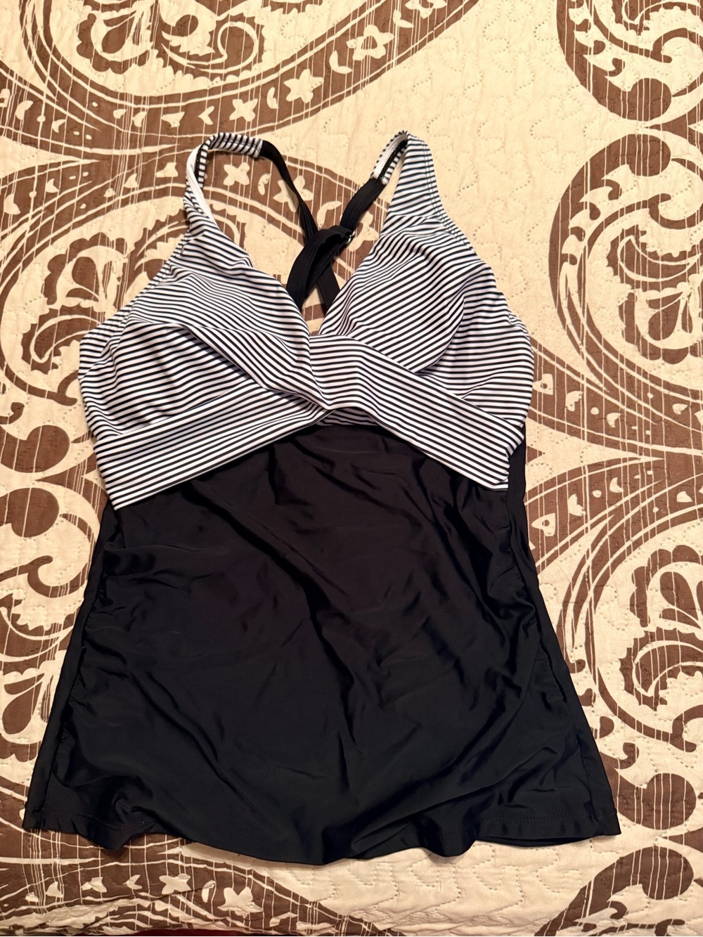 Striped Black & White Twist Front Tankini Top